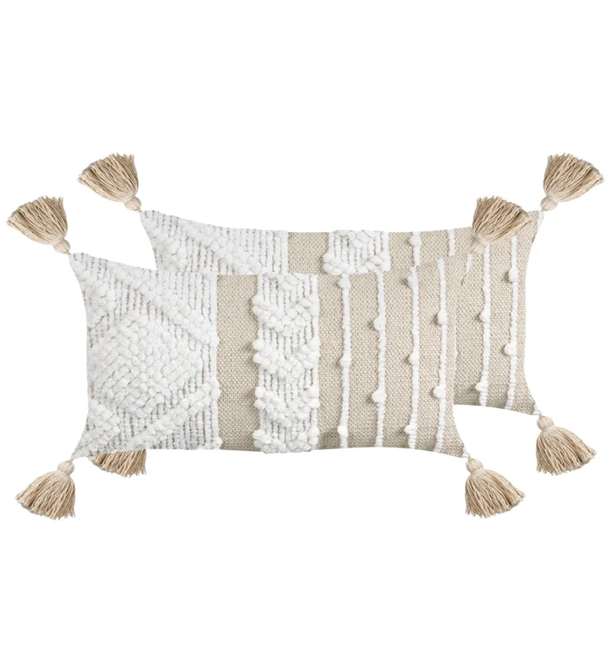SHWETA - Hand Woven Off-White Boho Lumbar Cushion Covers Set of 2 with Tassels (20×12") | Cotton + Chenille