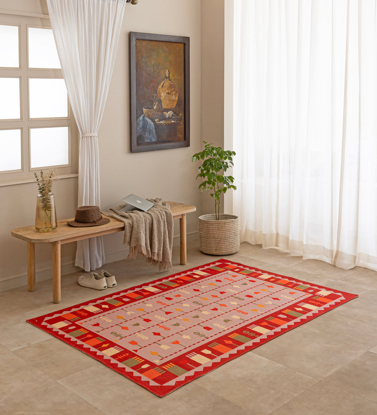 NIVA Pink Geometric Hand Woven Cotton Dhurrie Rug (6 ft x 4 ft)