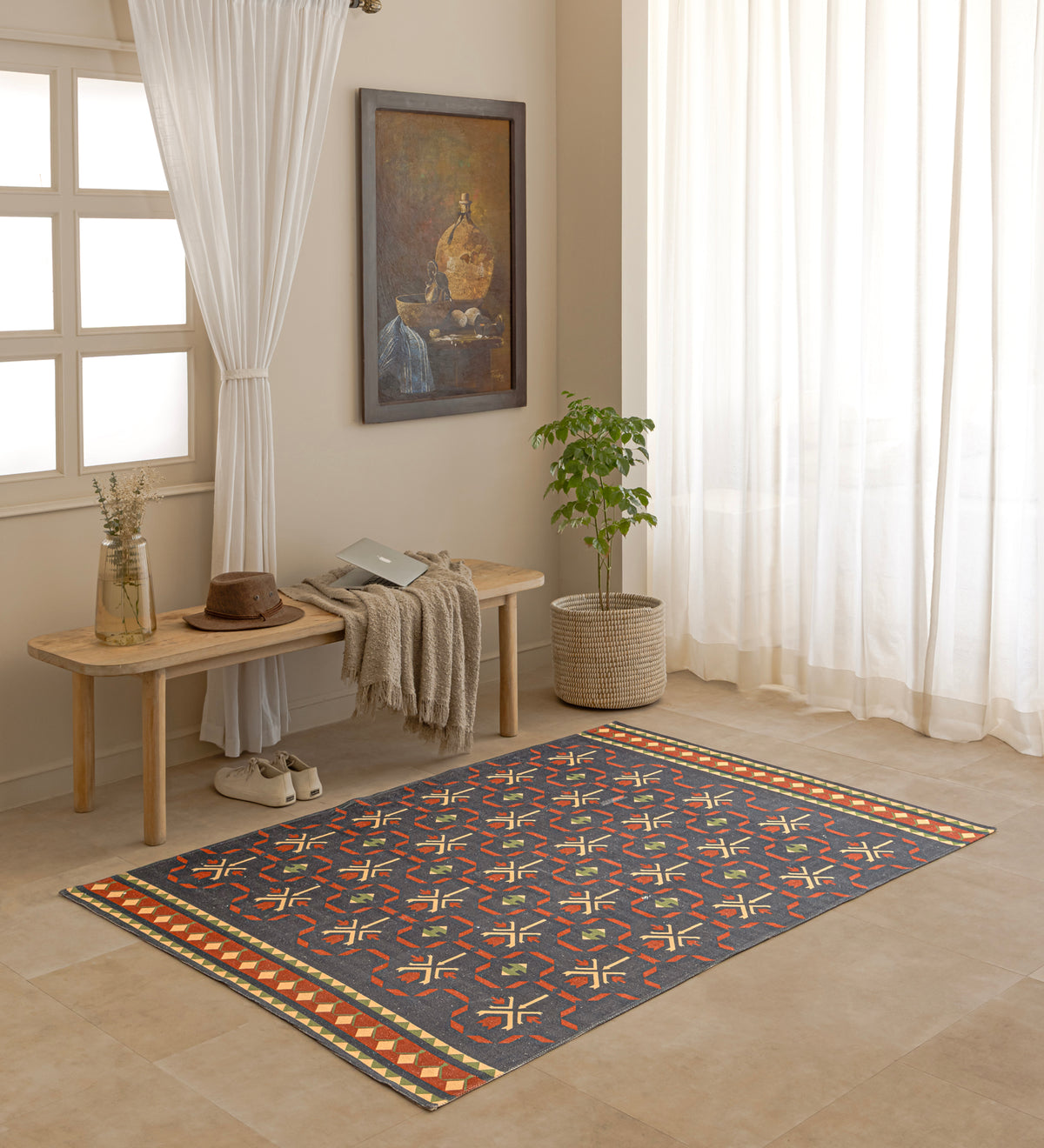 ANAYA Blue Geometric Hand Woven Cotton Dhurrie Rug (5 ft x 3 ft)