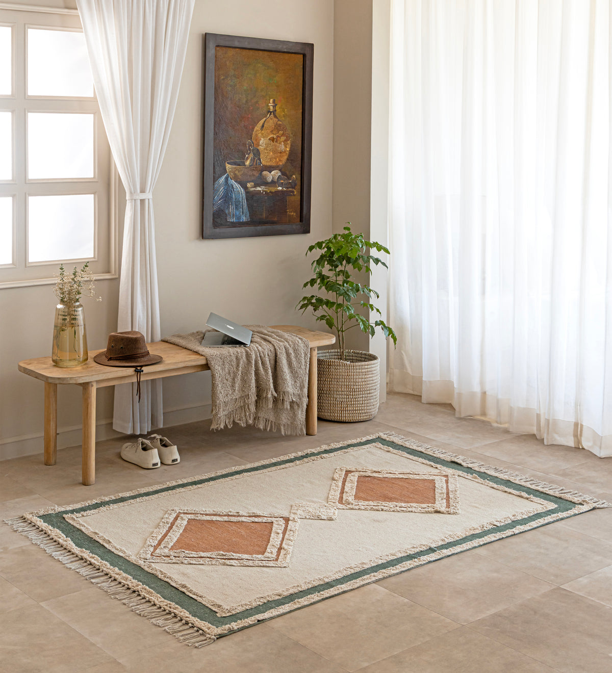 RUMI Cream Geometric Hand Woven Cotton Dhurrie Rug (6 ft x 4 ft)
