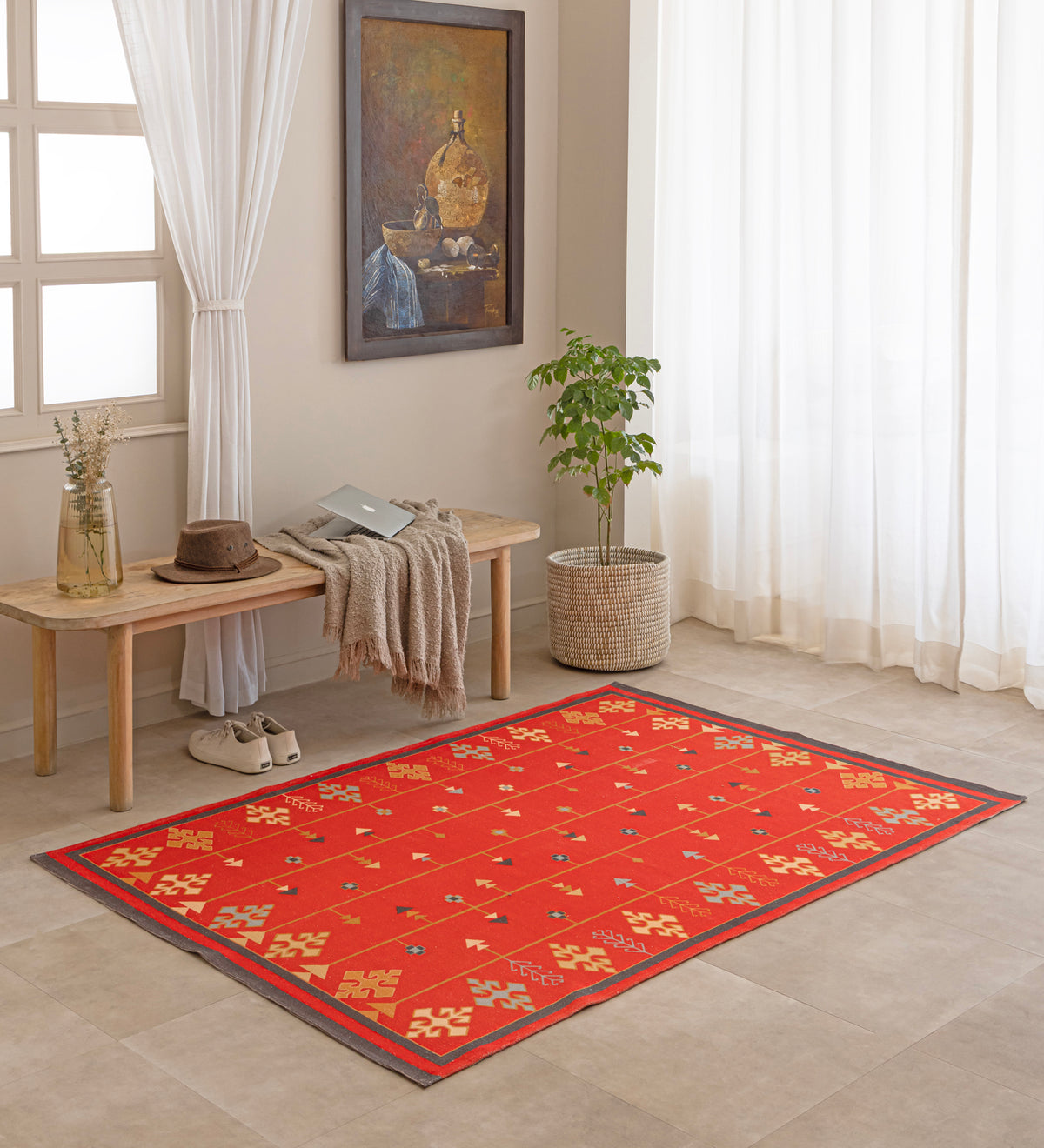 AAROH Maroon Geometric Hand Woven Cotton Dhurrie Rug (6 ft x 4 ft)