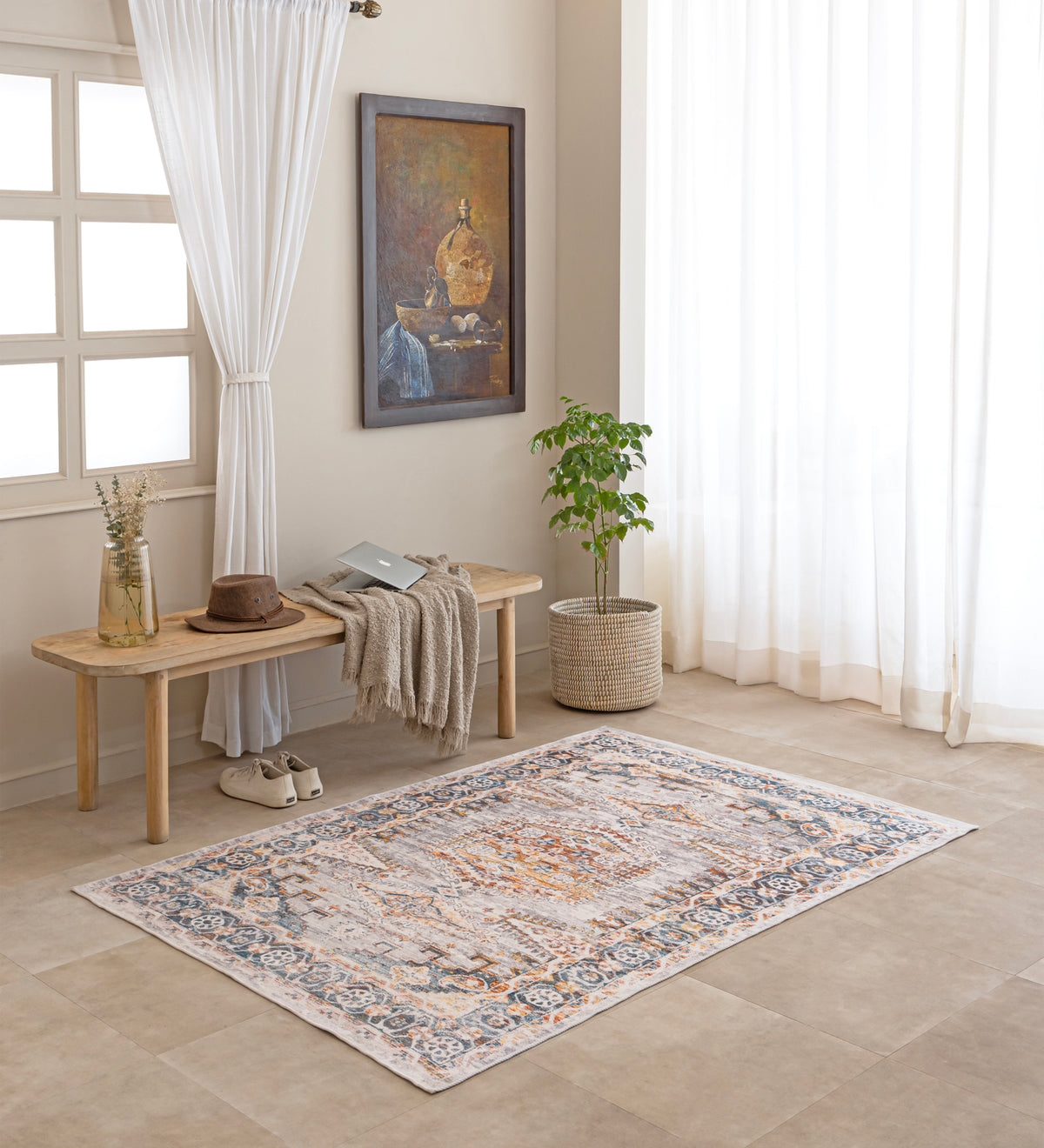 NOOR Cream Geometric Hand Woven Cotton Dhurrie Rug (6 ft x 4 ft)