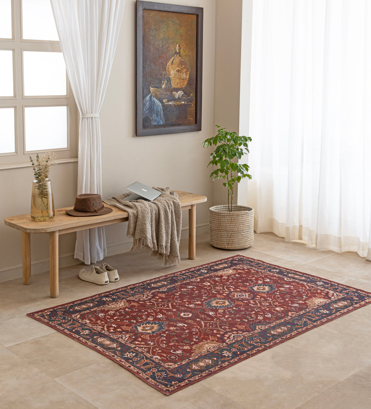 AROHAN Maroon Geometric Hand Woven Cotton Dhurrie Rug (6 ft x 4 ft)