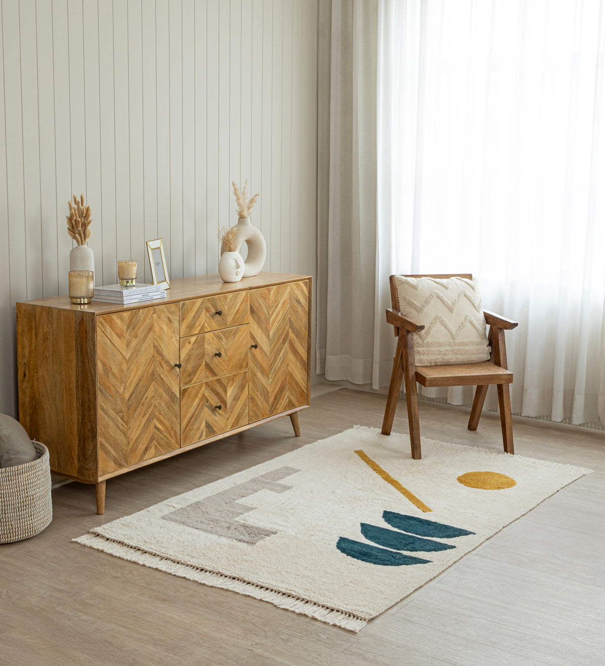 OMYA White Geometric Hand Woven Cotton Dhurrie Rug (5 ft x 3 ft)