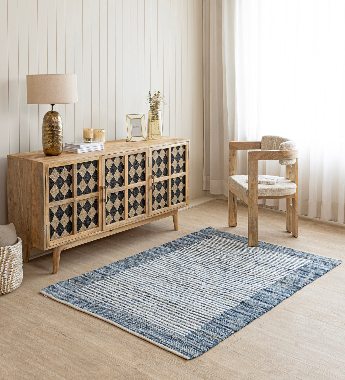 KIAN Blue Striped Hand Woven Cotton Dhurrie Rug (6 ft x 4 ft)