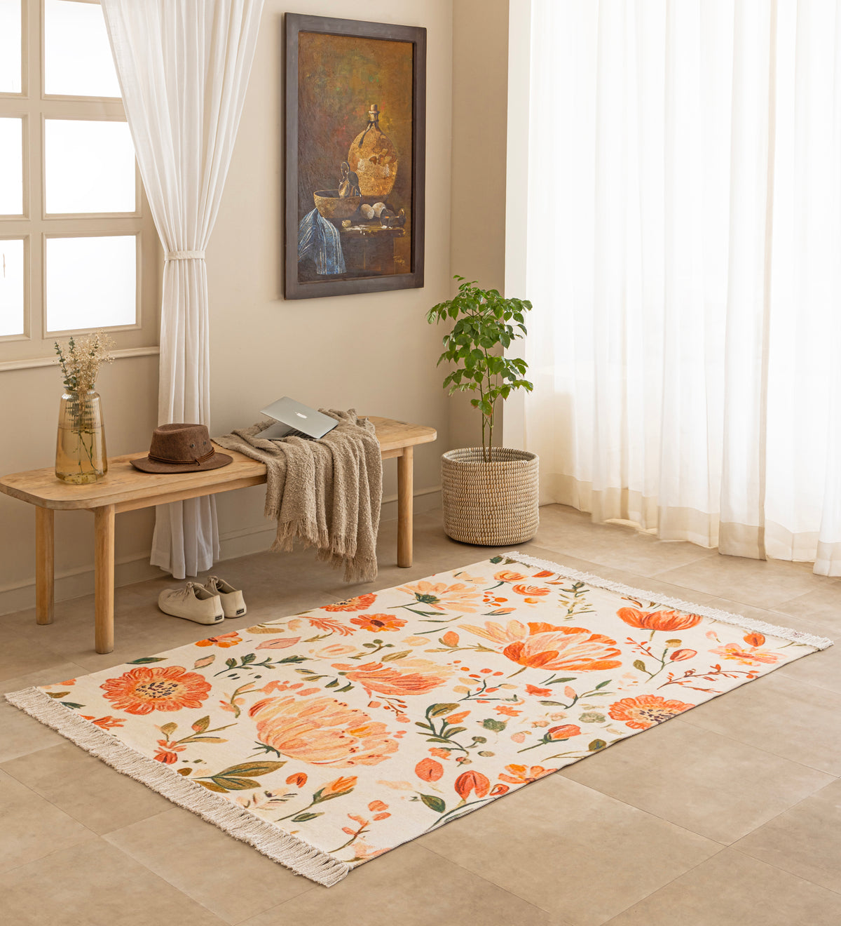 AANYA Cream Floral Hand Woven Cotton Dhurrie Rug (6 ft x 4 ft)