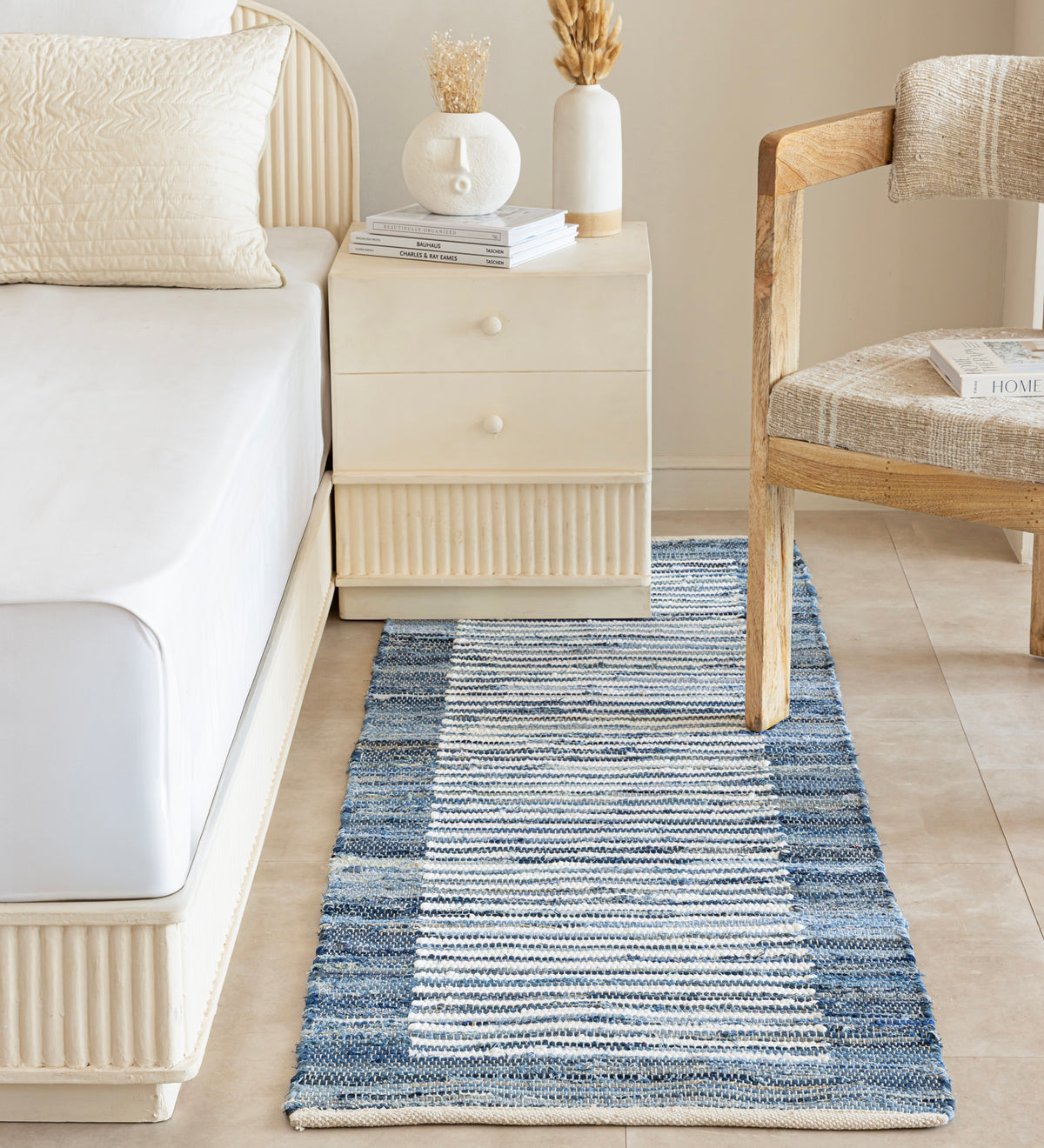 NEEL Navy Traditional Hand Woven Cotton Dhurrie Runner Rug (6 ft x 2 ft)