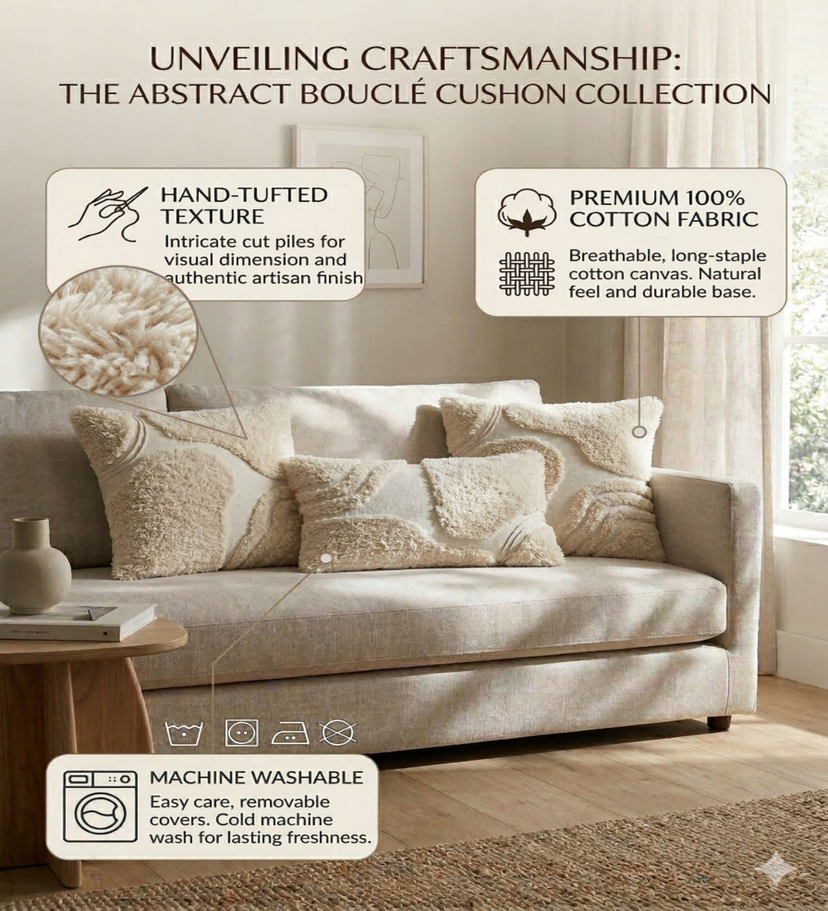 ALINA - Modern Tufted White Cushion Covers Set of 3 (18x18) | Textured Home Decor