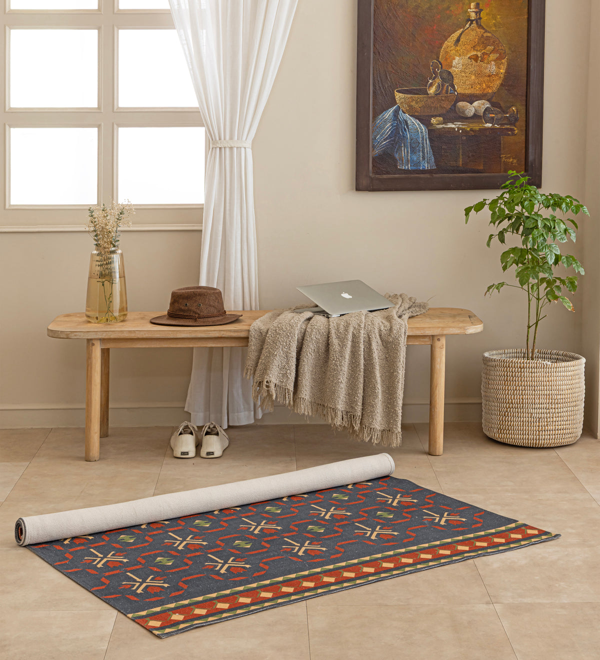 MIRA Blue Geometric Hand Woven Cotton Dhurrie Rug (6 ft x 4 ft)