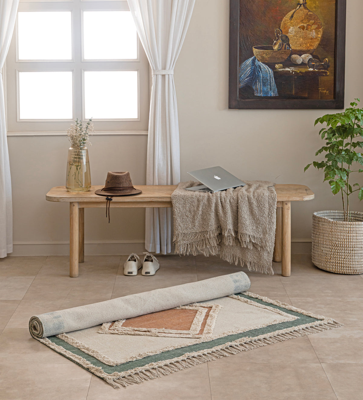 RUMI Cream Geometric Hand Woven Cotton Dhurrie Rug (6 ft x 4 ft)