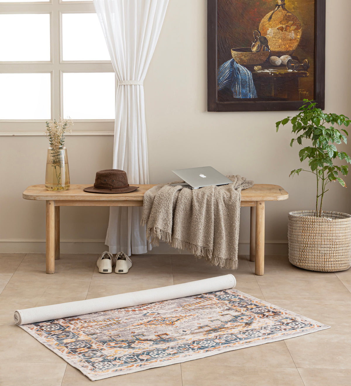 NOOR Cream Geometric Hand Woven Cotton Dhurrie Rug (6 ft x 4 ft)