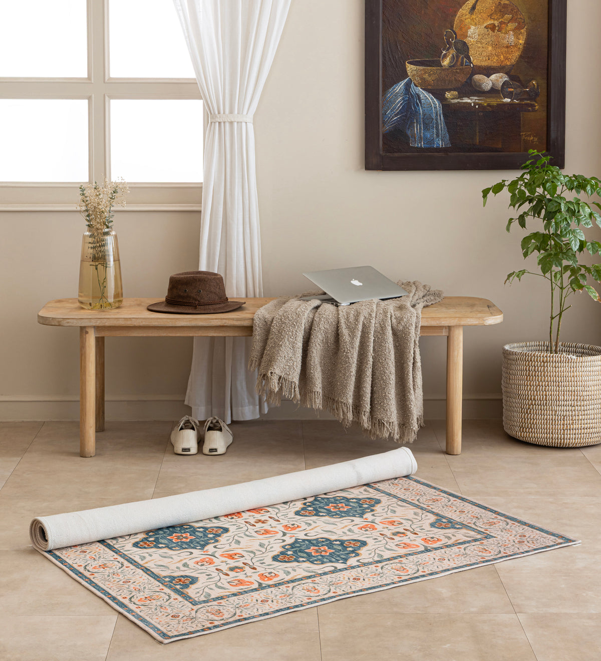 KASHI Beige Geometric Hand Woven Cotton Dhurrie Rug (6 ft x 4 ft)