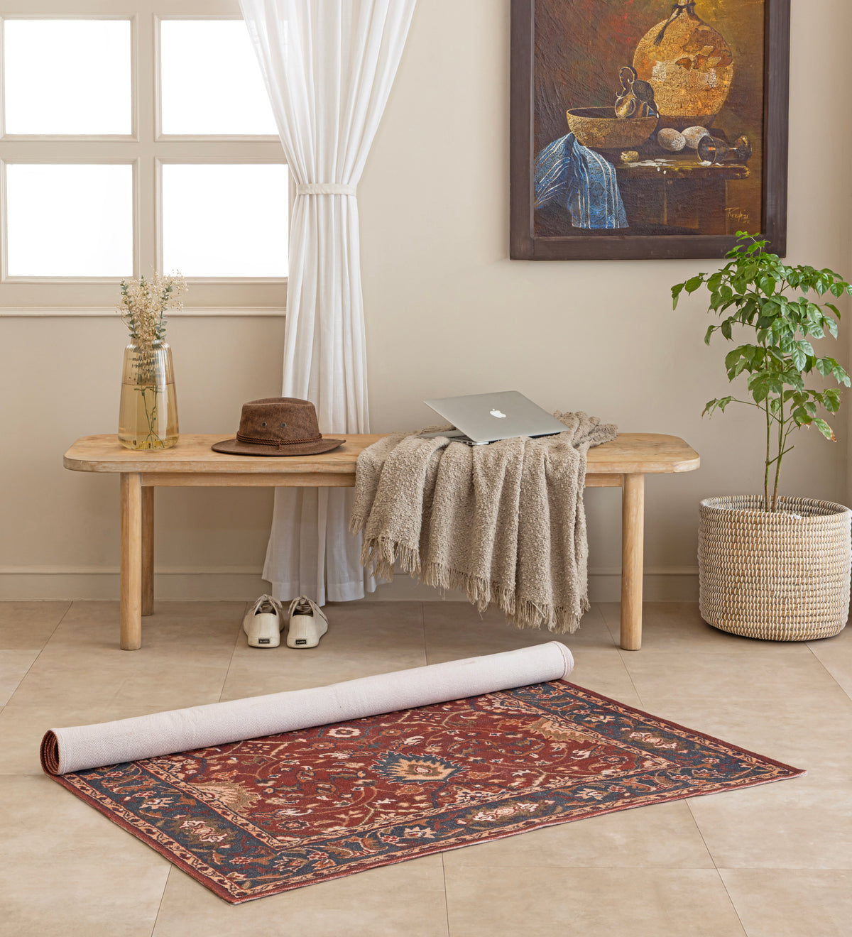 AROHAN Maroon Geometric Hand Woven Cotton Dhurrie Rug (6 ft x 4 ft)