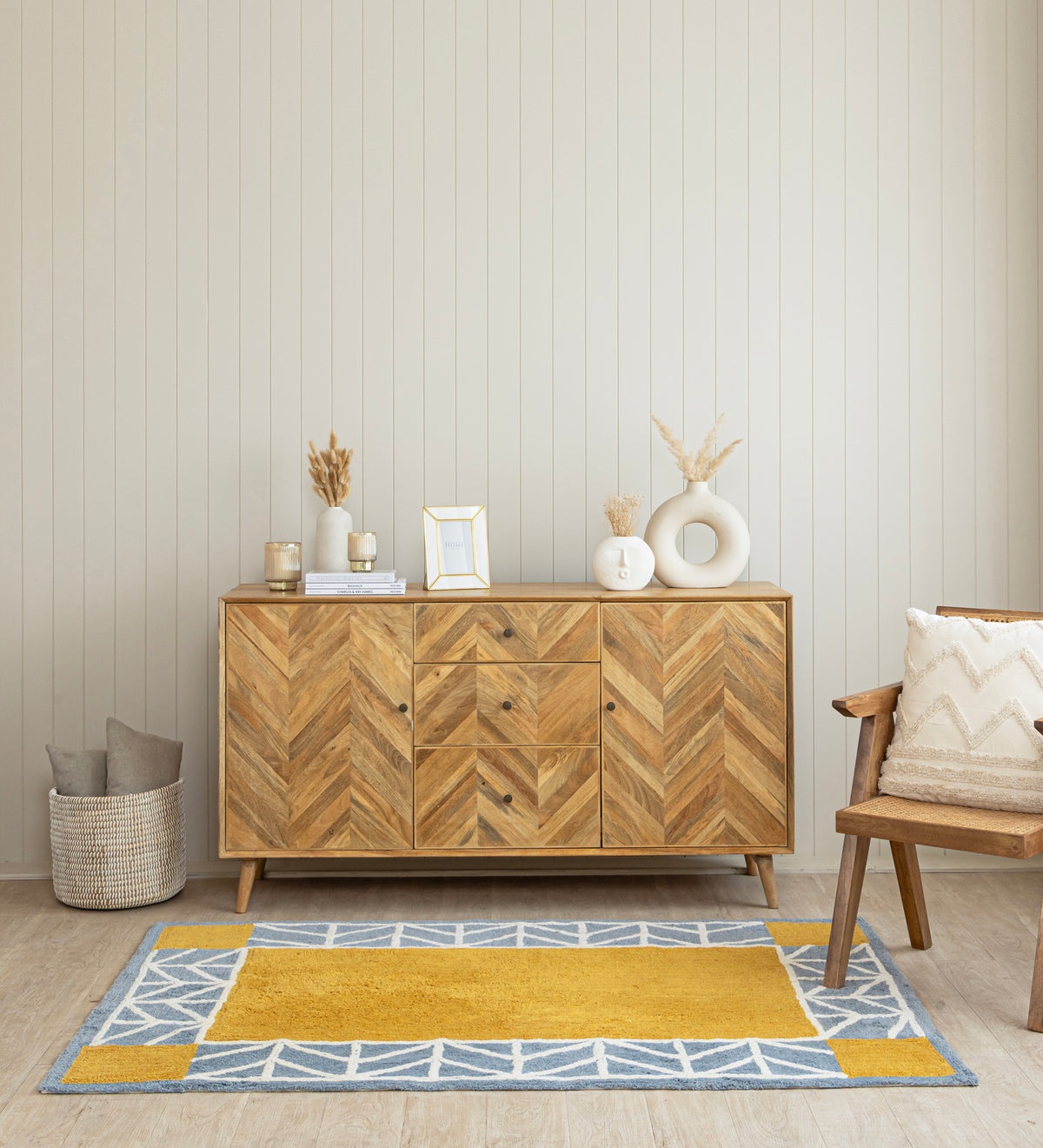 EKA Yellow Geometric Hand Woven Cotton Dhurrie Rug (6 ft x 4 ft)