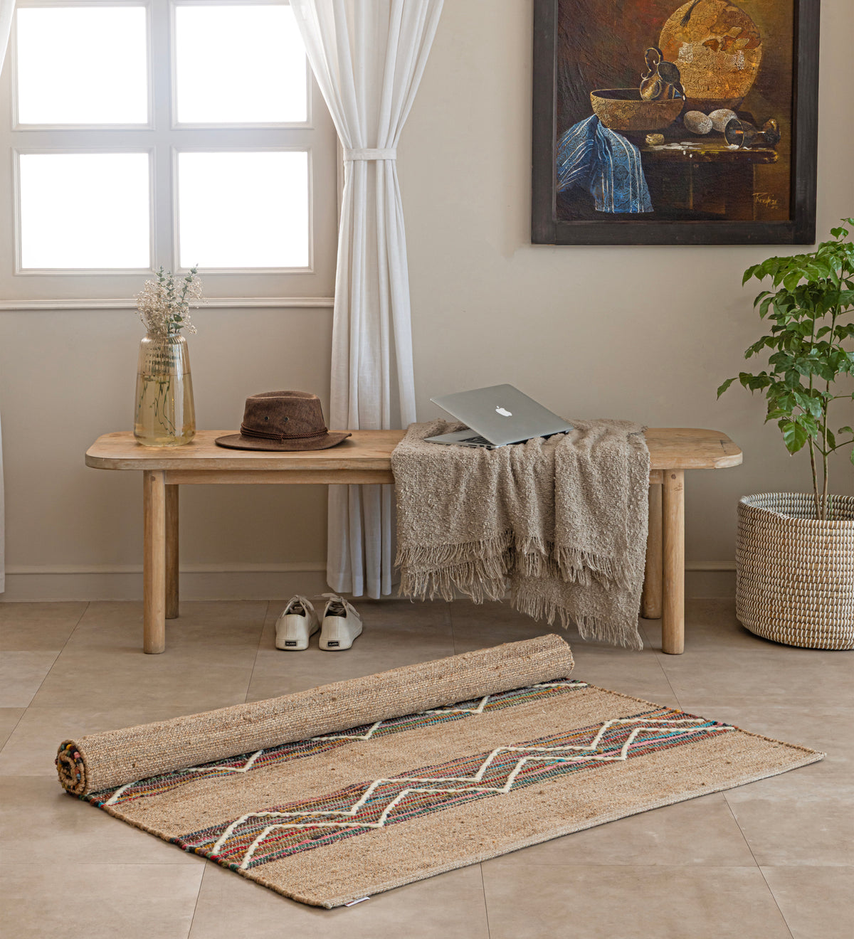 JIVA Multicolor Geometric Hand Woven Jute Dhurrie Rug (6 ft x 4 ft)