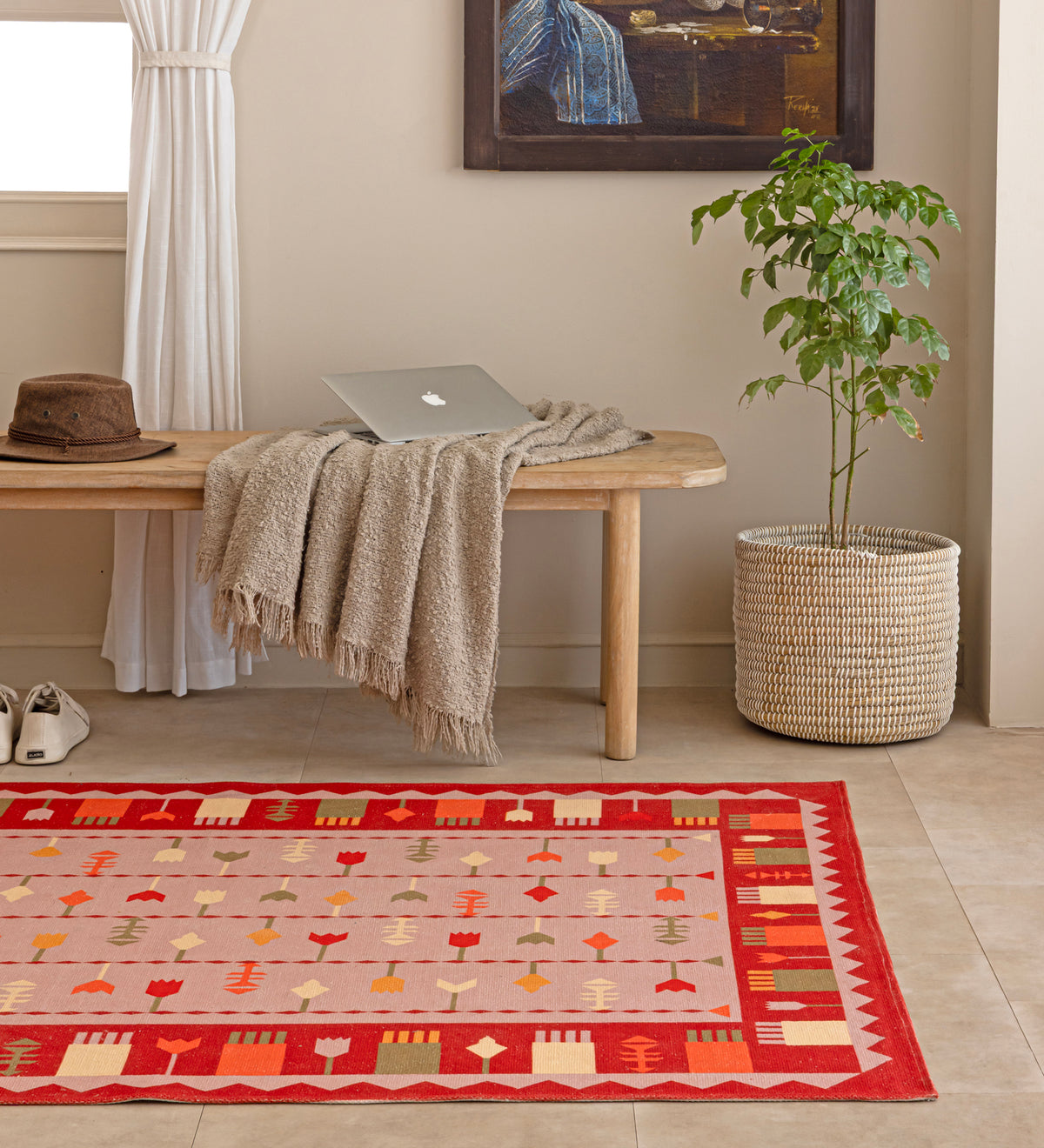KAVYA Pink Geometric Hand Woven Cotton Dhurrie Rug (5 ft x 3 ft)