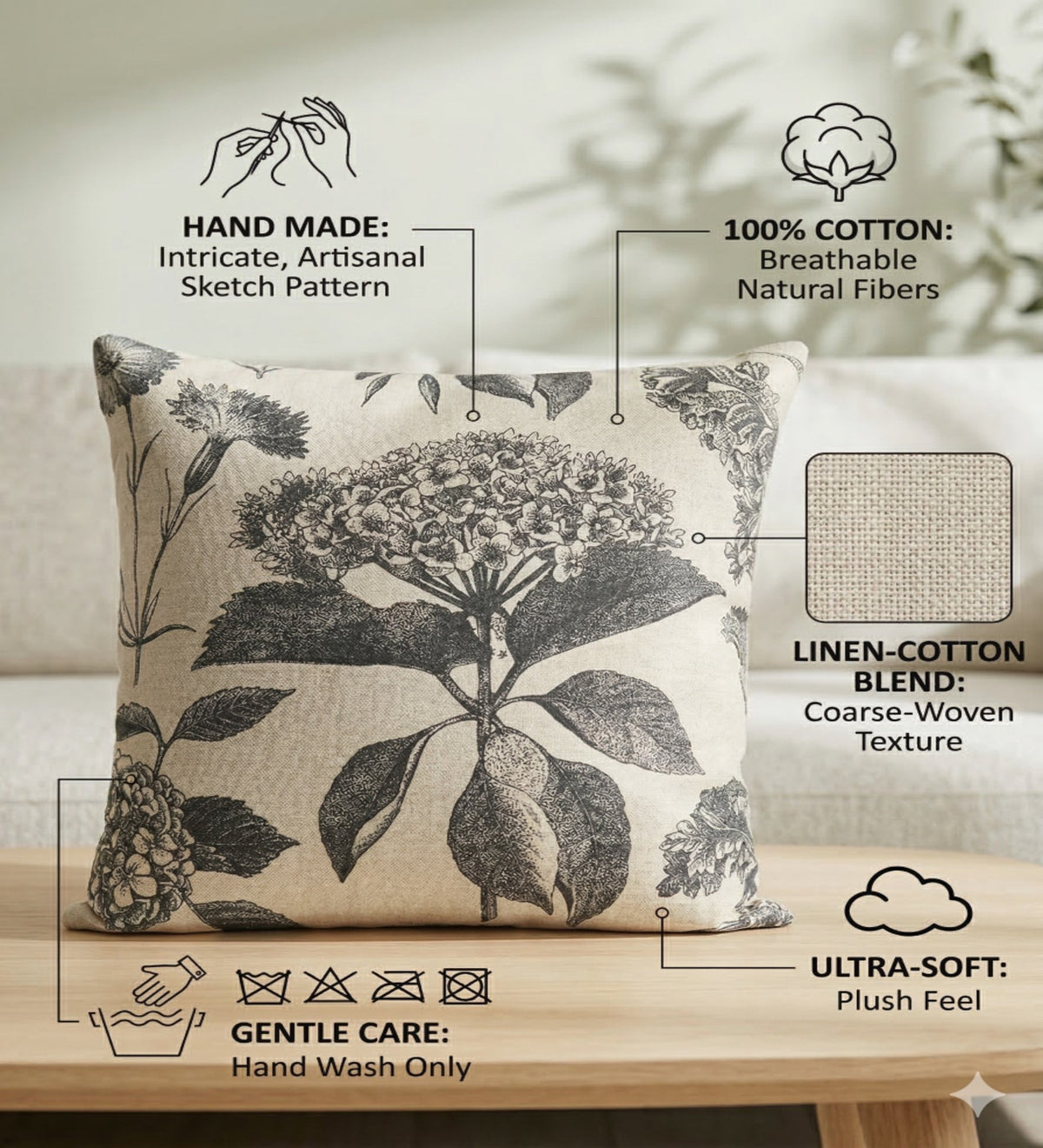 NOIRA - Black Soft Floral Cushion Covers Set of 2 (18x18) | Elegant Home Decor