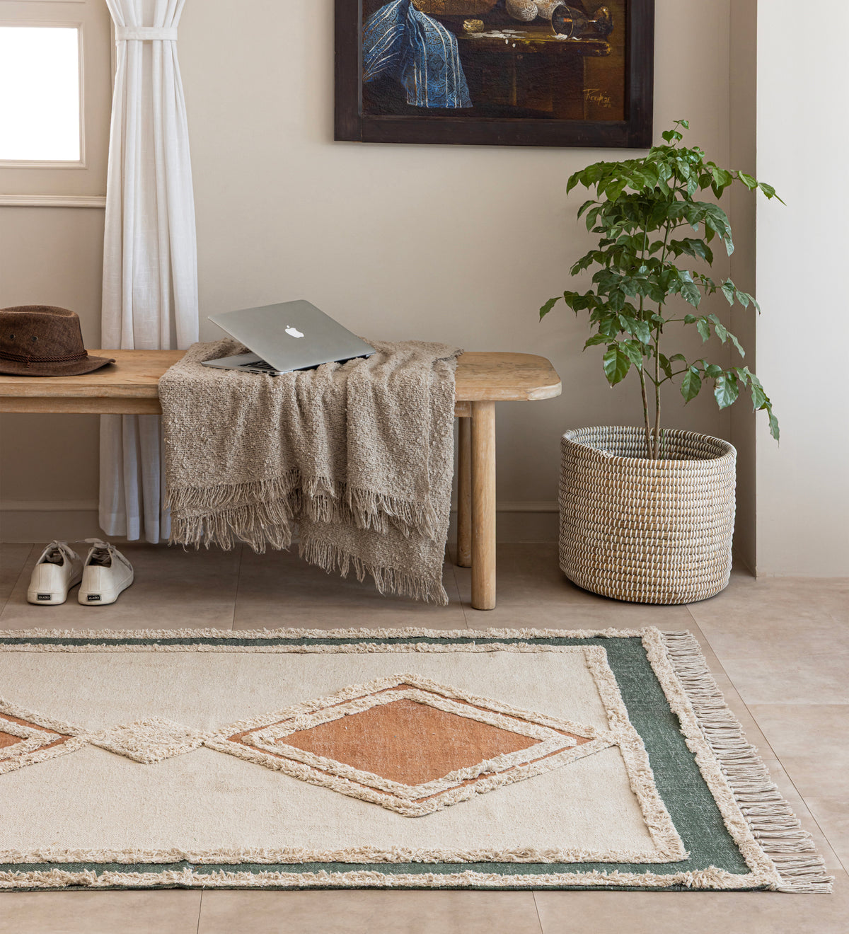 RUMI Cream Geometric Hand Woven Cotton Dhurrie Rug (6 ft x 4 ft)