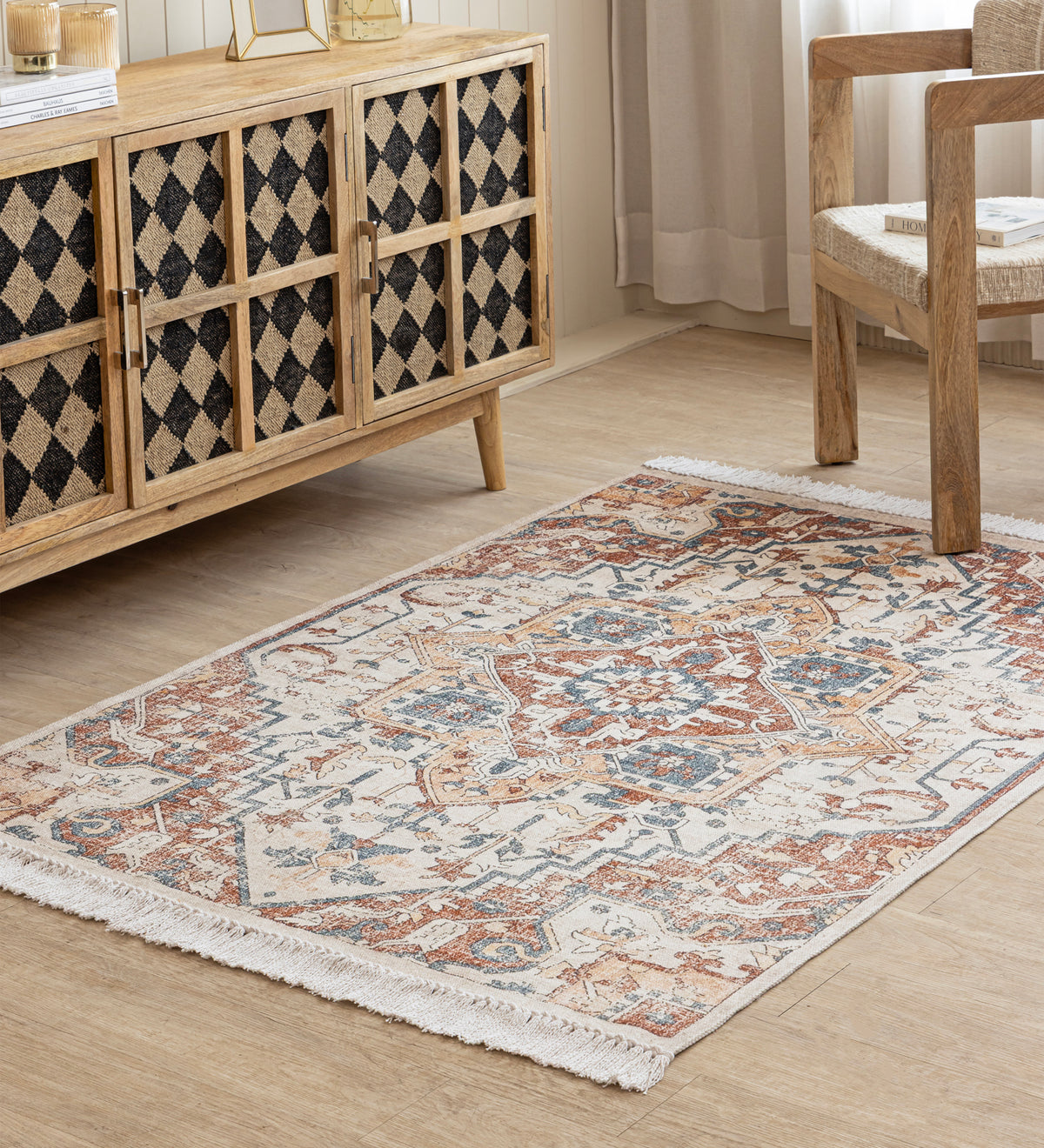 VANYA Beige Geometric Hand Woven Cotton Dhurrie Rug (6 ft x 4 ft)
