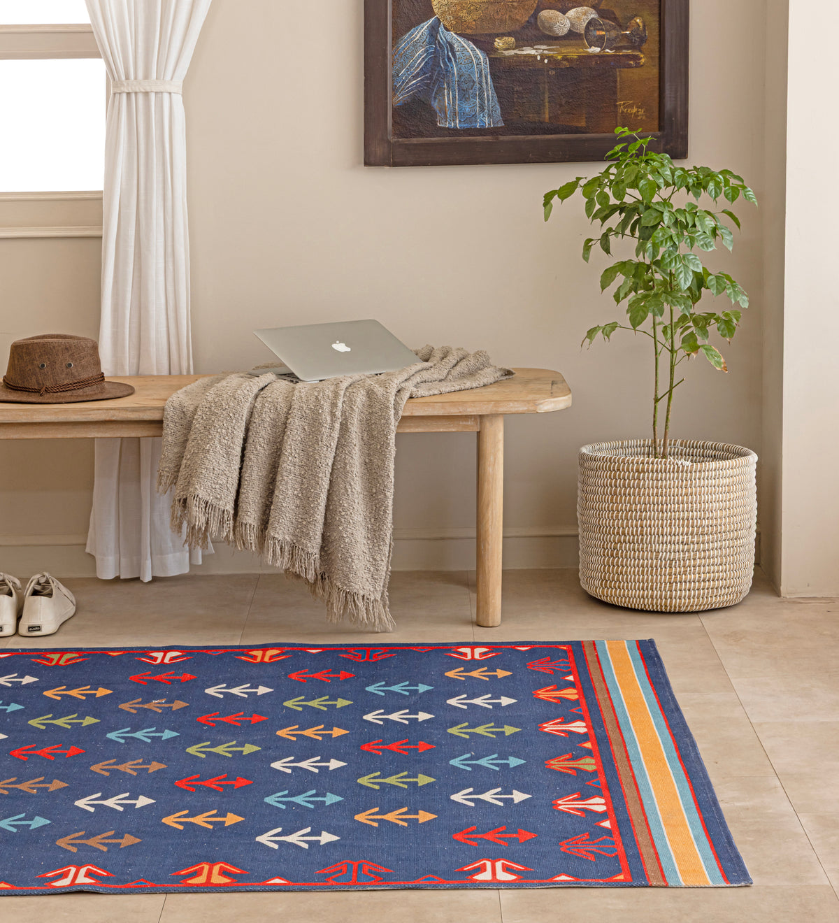 MEERA Blue Geometric Hand Woven Cotton Dhurrie Rug (5 ft x 3 ft)