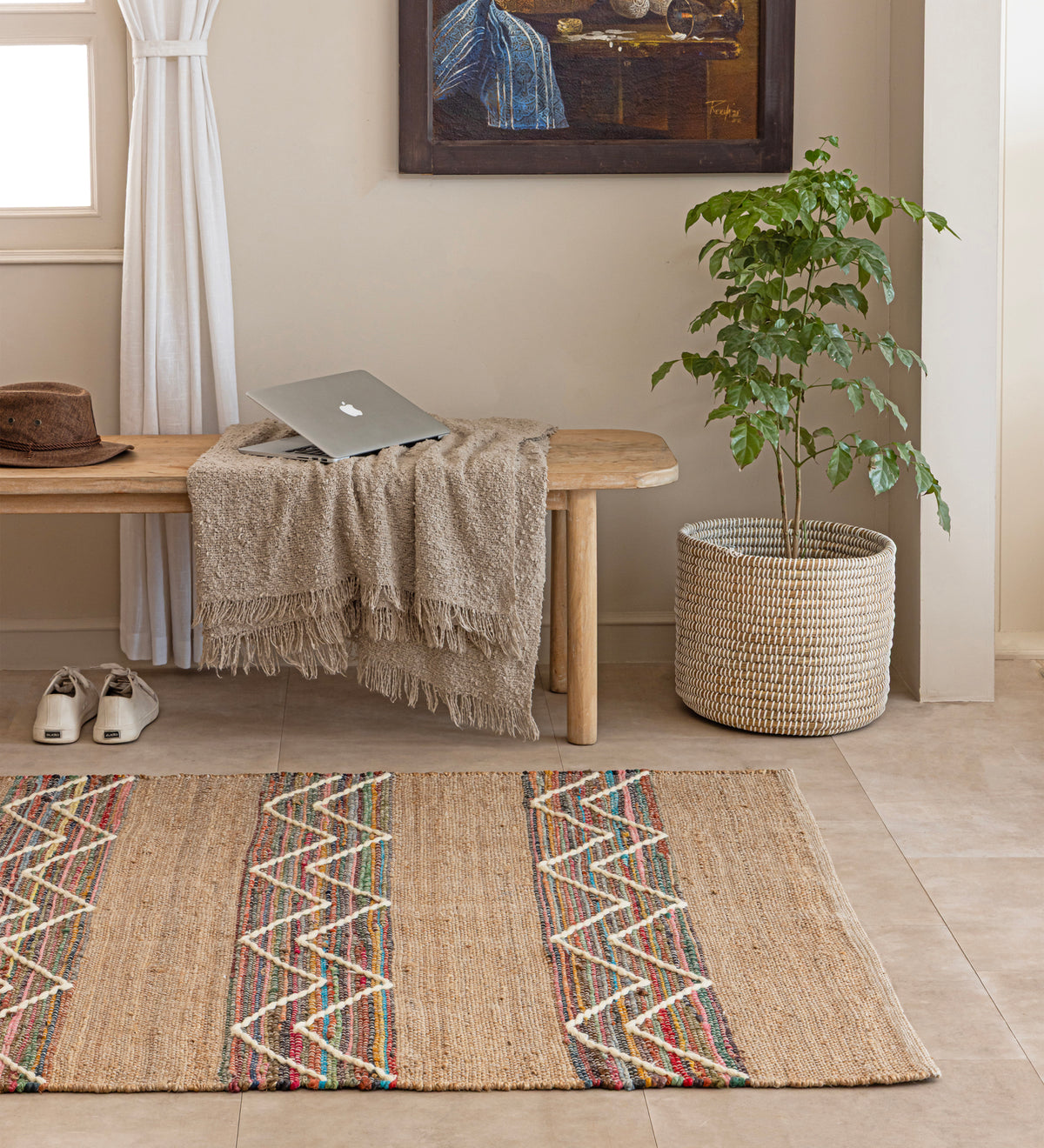 JIVA Multicolor Geometric Hand Woven Jute Dhurrie Rug (6 ft x 4 ft)