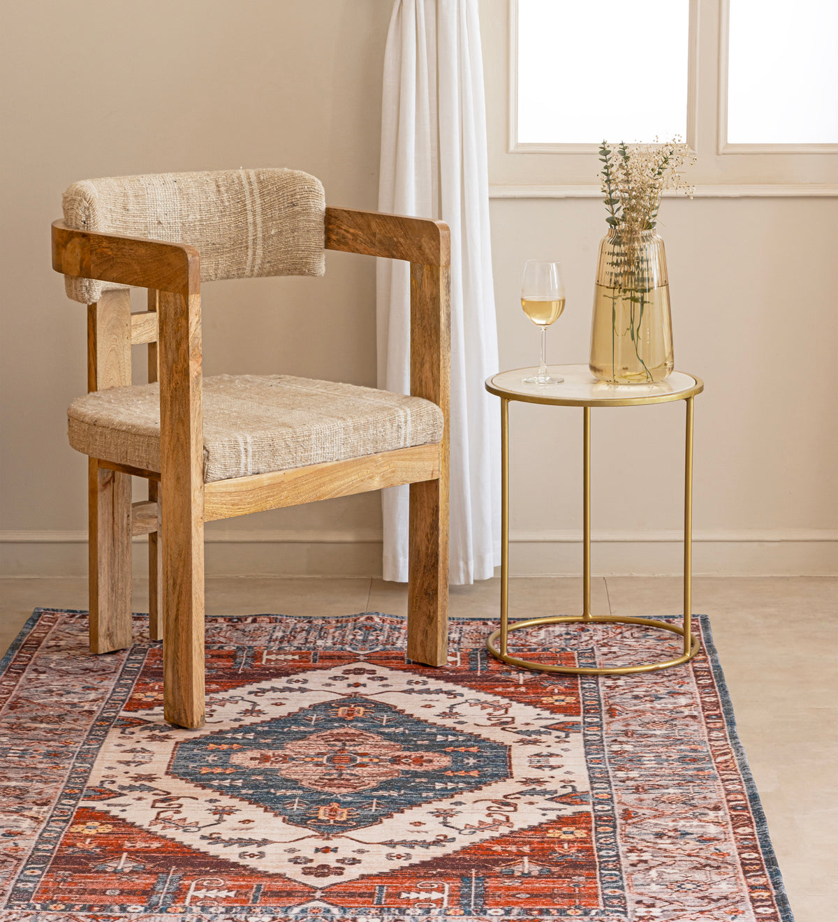 AMARA Cream Geometric Hand Woven Cotton Dhurrie Rug (6 ft x 4 ft)