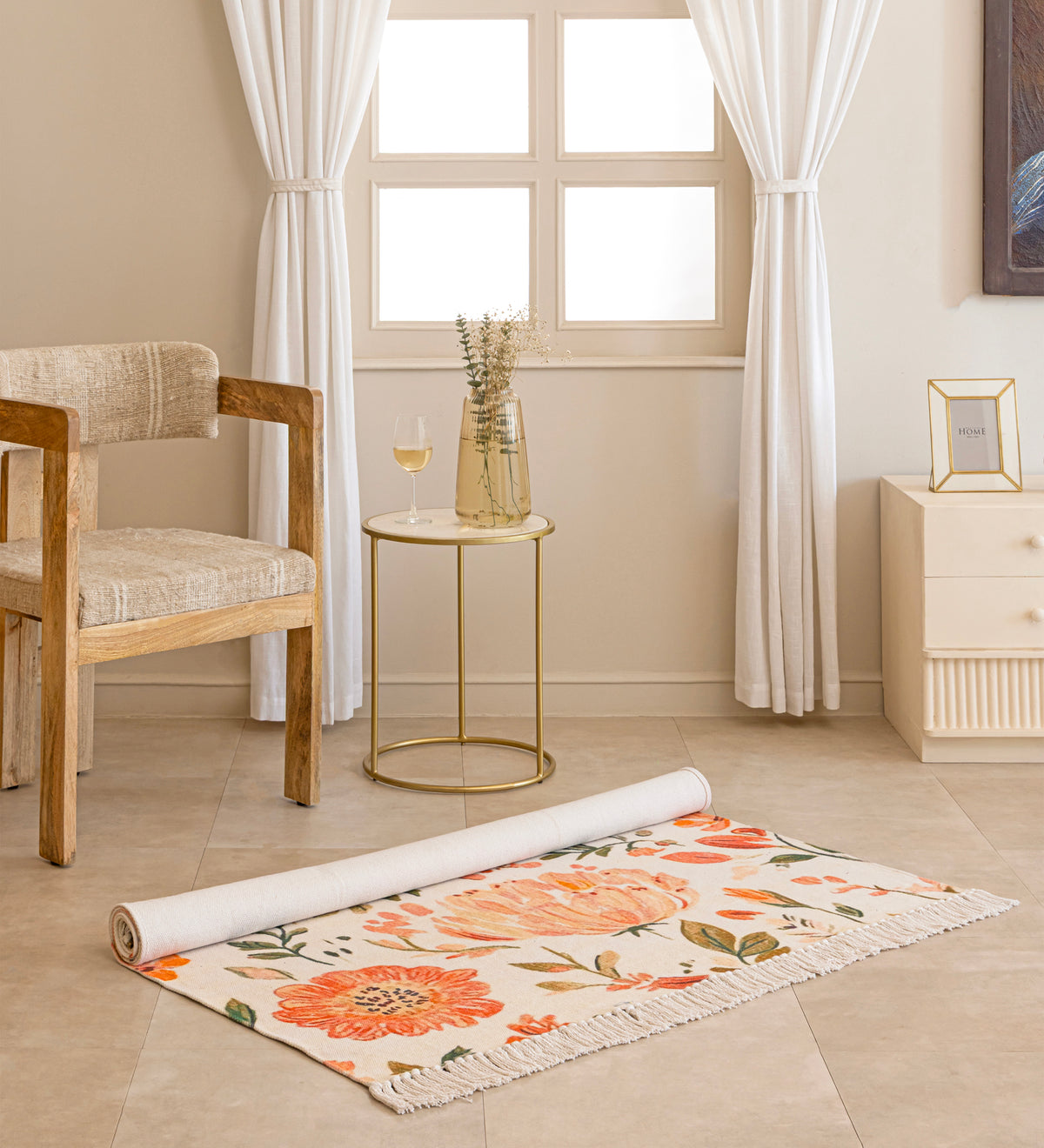 AANYA Cream Floral Hand Woven Cotton Dhurrie Rug (6 ft x 4 ft)