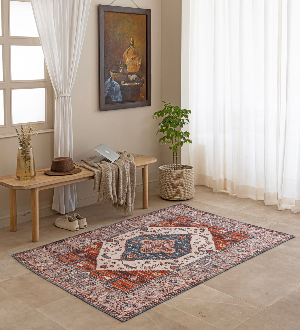 AMARA Cream Geometric Hand Woven Cotton Dhurrie Rug (6 ft x 4 ft)