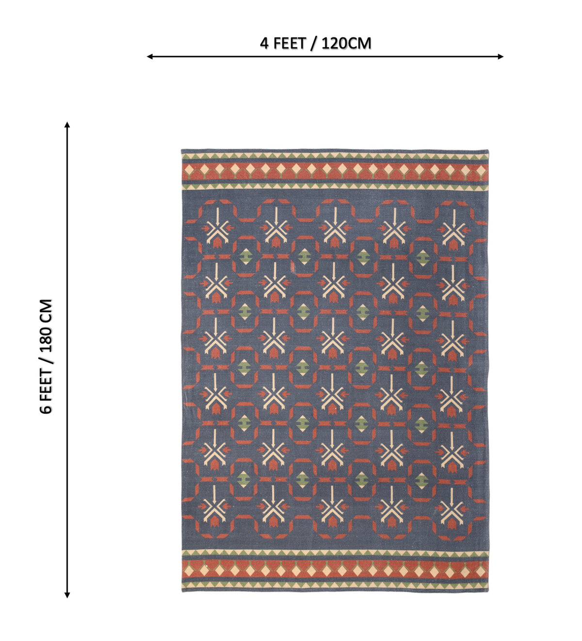 MIRA Blue Geometric Hand Woven Cotton Dhurrie Rug (6 ft x 4 ft)