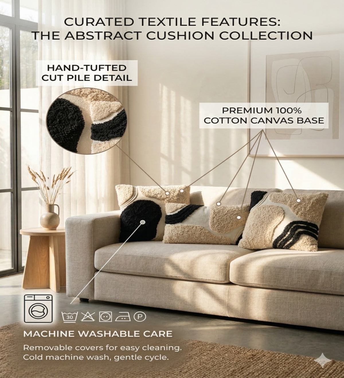 NOIR - Modern Tufted Black Cushion Covers Set of 3 (18x18) | Textured Home Decor