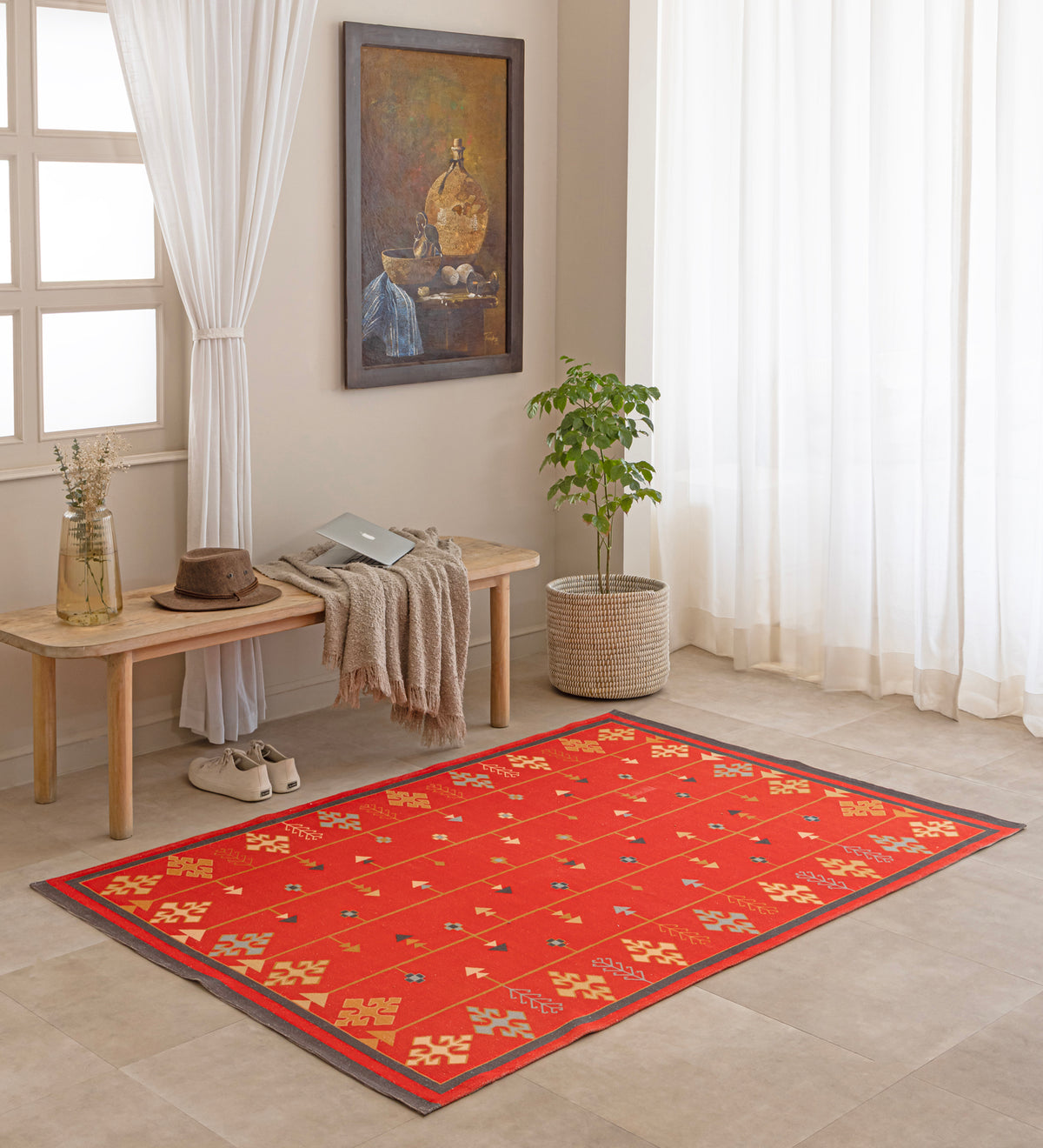 RANGREZ Maroon Traditional Hand Woven Cotton Dhurrie Rug (5 ft x 3 ft)