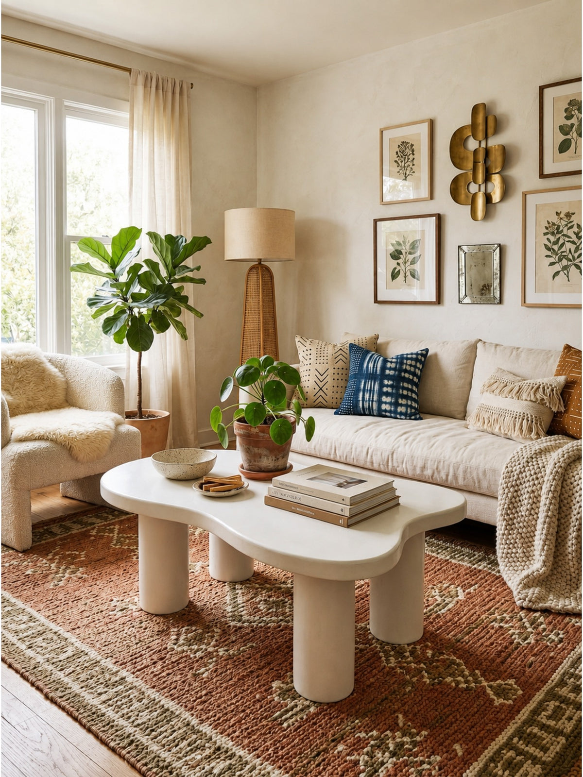 The Gasbh Deco Painted Coffee Table for Living Room | Handcrafted MDF Wooden Center Table with Organic Sculptural Top and Cylindrical Legs | Matte White Finish | Modern Accent Table for Home Sofa and Lounge