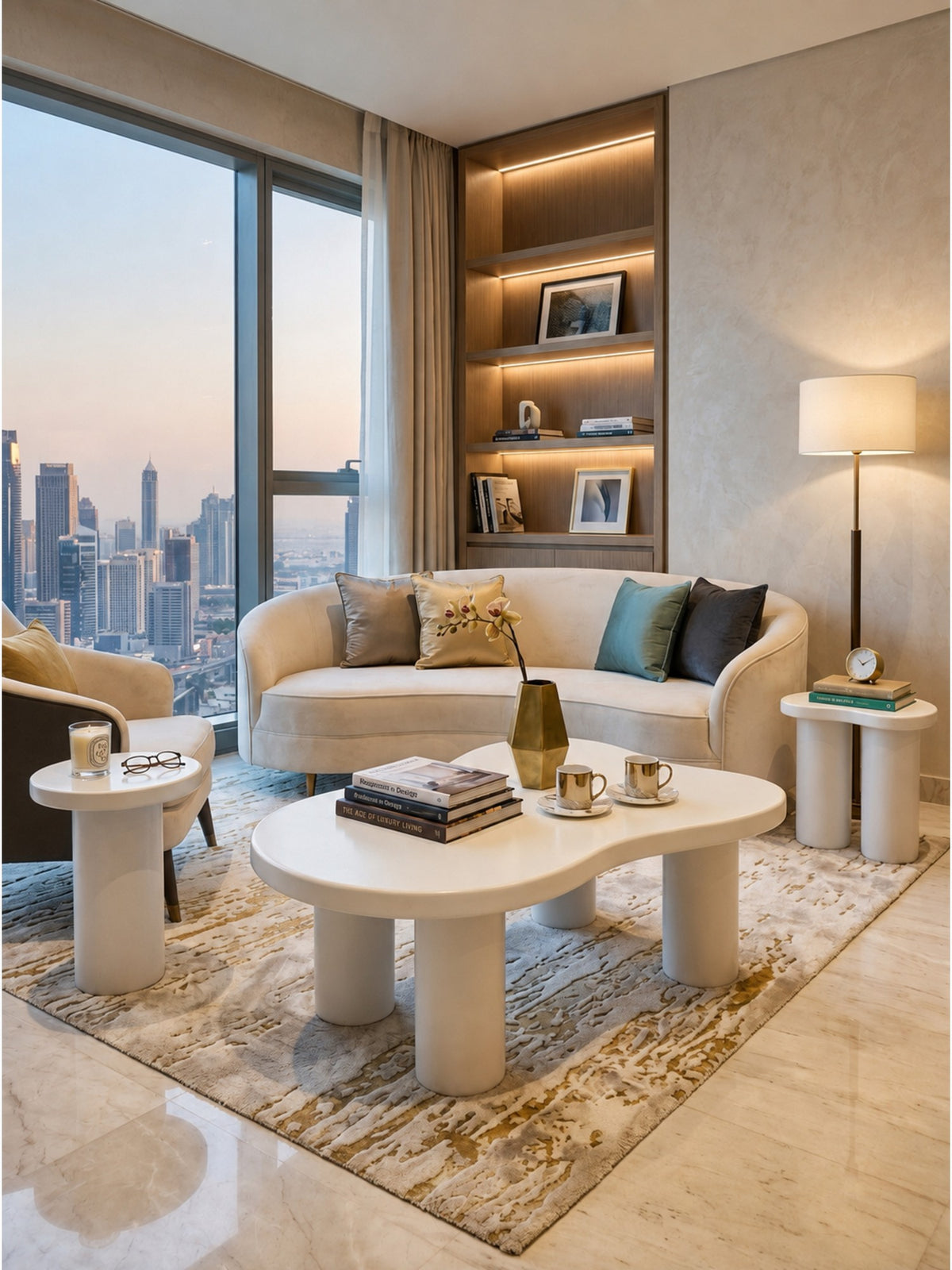 The Gasbh Deco Painted Coffee Table for Living Room | Handcrafted MDF Wooden Center Table with Organic Sculptural Top and Cylindrical Legs | Matte White Finish | Modern Accent Table for Home Sofa and Lounge