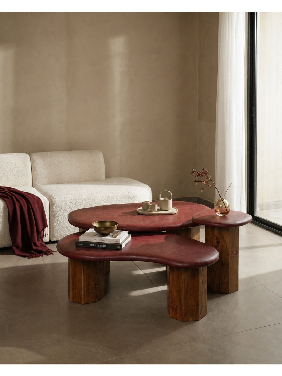 The Gasbh Set of 3 Coffee Tables for Living Room | Solid Wood Coffee Table Set with Maroon Leather Fabric Tops and Sturdy Pedestal Legs | 3 Piece Nesting Center Tables | Modern Tables for Home Sofa and Lounge
