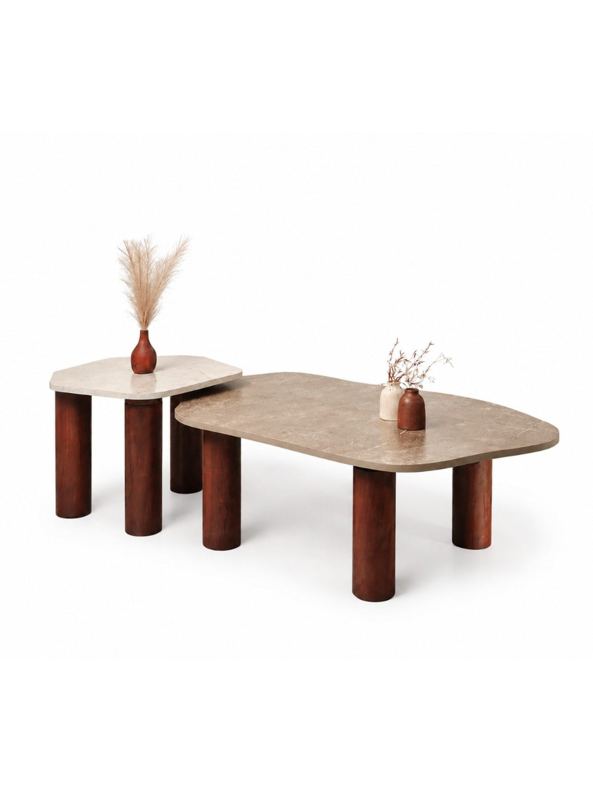 The Gasbh Set of 2 Coffee Tables for Living Room | Solid Acacia Wood Legs with Marble Finish MDF Top | Modern Nesting Center Tables with Rounded Edges | Side Tables for Home Sofa and Lounge