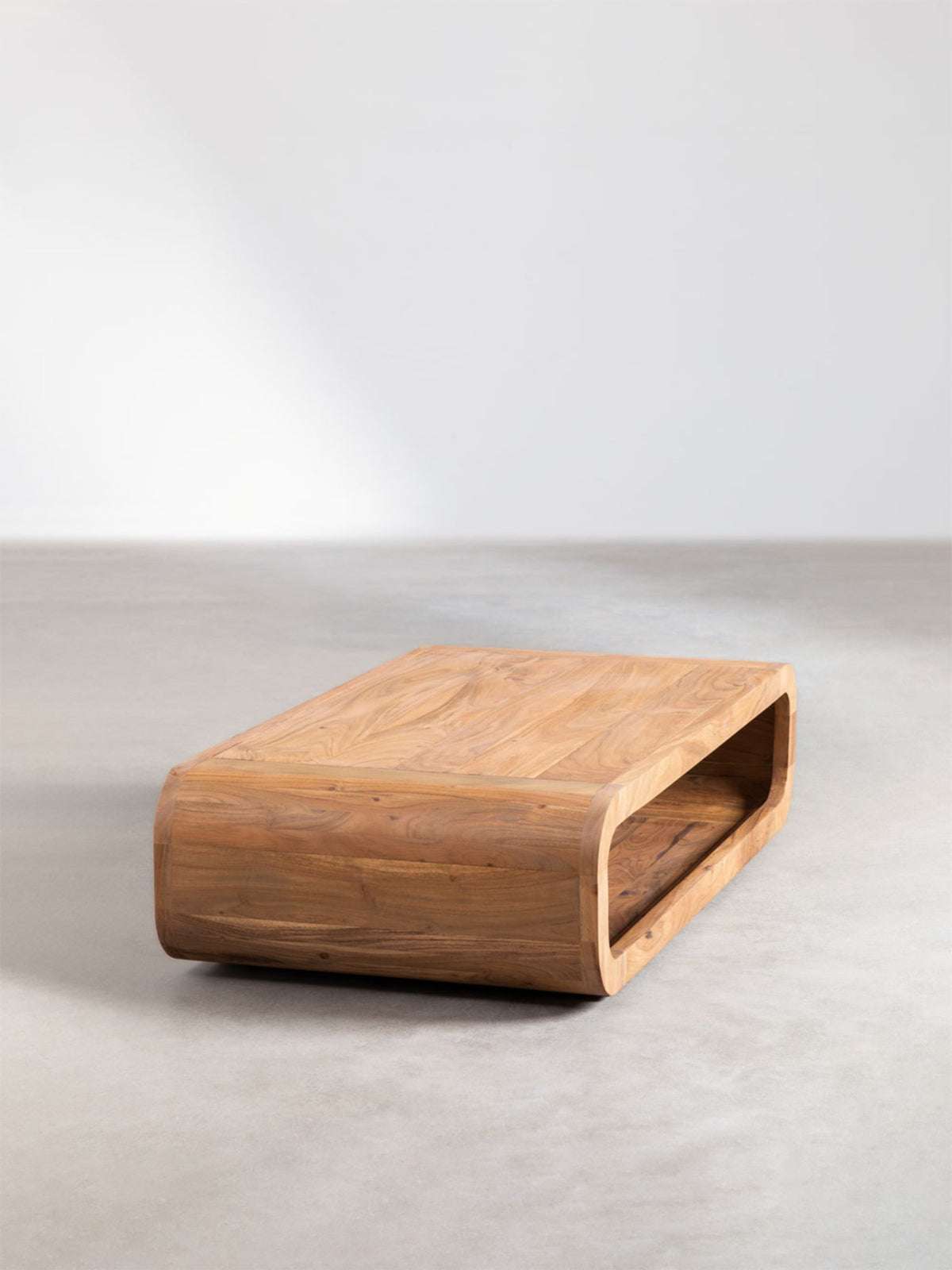 The Gasbh Solid Acacia Wood Coffee Table for Living Room | Wooden Center Table with Rounded Edges and Open Shelf Storage | Natural Wood Finish | Modern Coffee Table for Home Sofa and Lounge