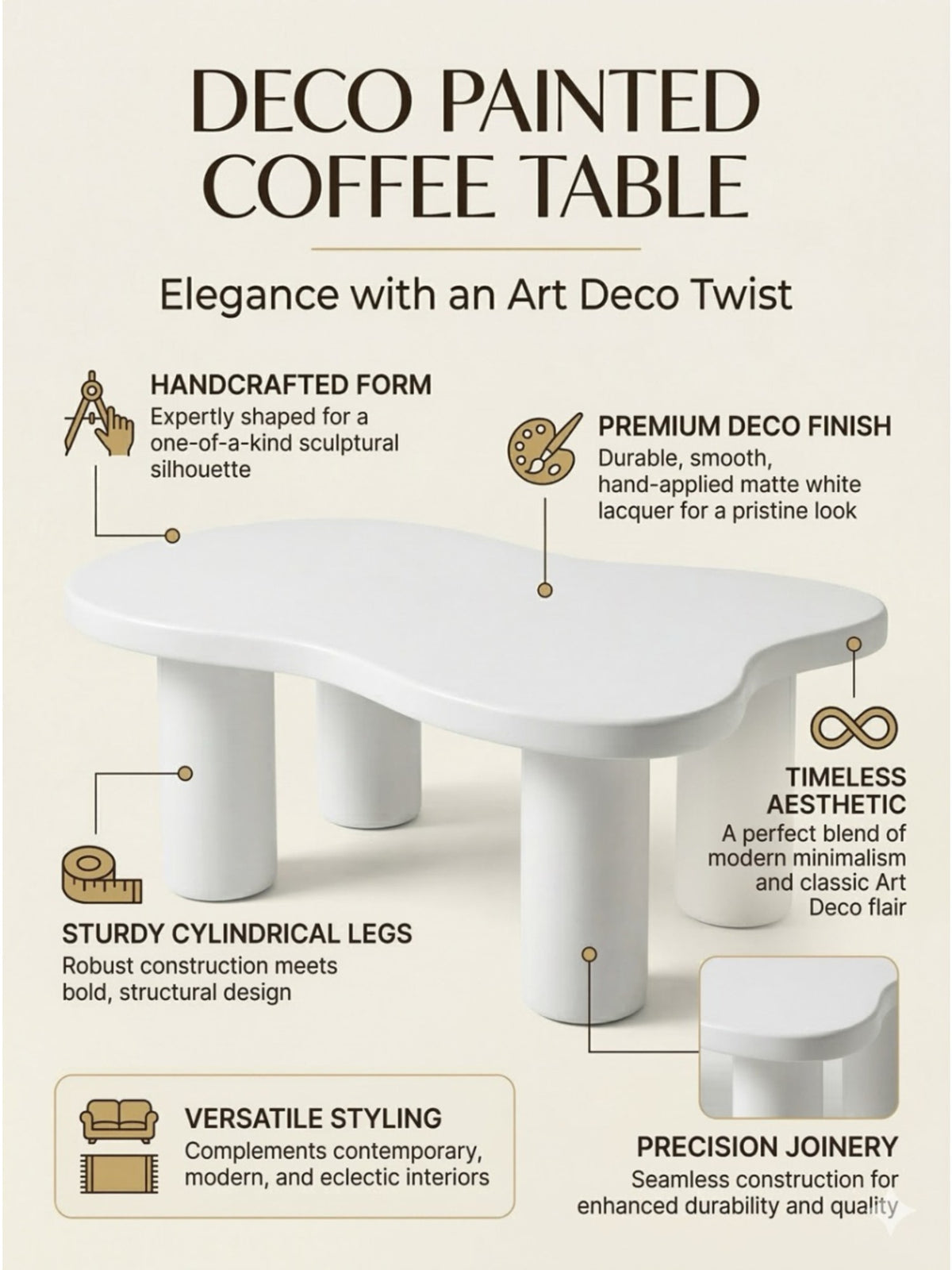 The Gasbh Deco Painted Coffee Table for Living Room | Handcrafted MDF Wooden Center Table with Organic Sculptural Top and Cylindrical Legs | Matte White Finish | Modern Accent Table for Home Sofa and Lounge
