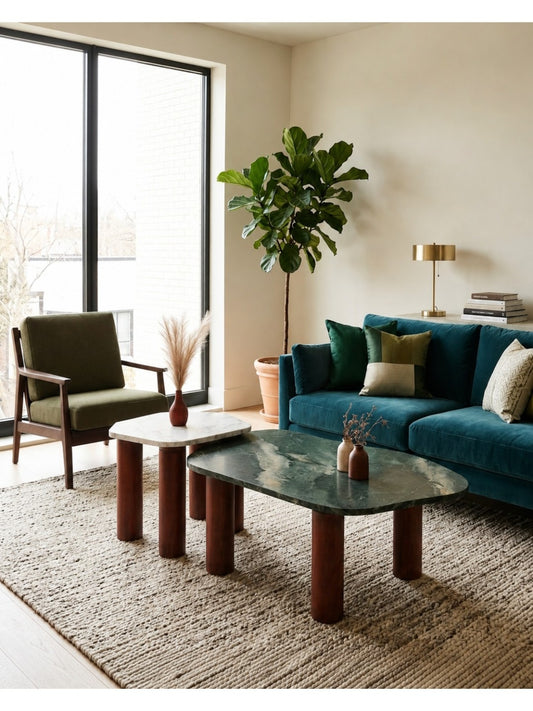 The Gasbh Set of 2 Coffee Tables for Living Room | Modern Nesting Side Tables with Green Marble Finish Tops Acacia Wood Legs | Pre-Assembled | Wooden Center Table Set for Home Office