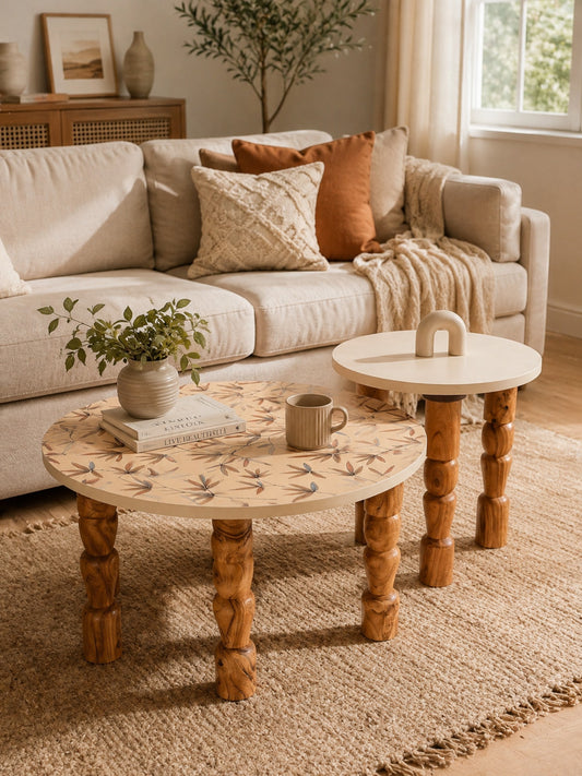 The Gasbh Set of 2 Coffee Tables for Living Room | Round Floral Designer And Solid Cream Tables | Acacia Wood Carved Legs | Modern Centre Side Tables | Pre Assembled