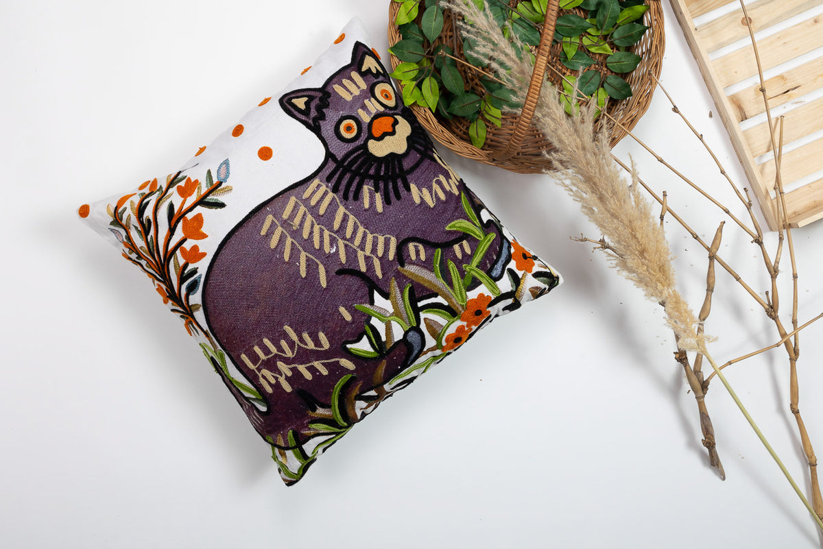 PHUSRO - Cat Motif  Embroidered Cushion Cover