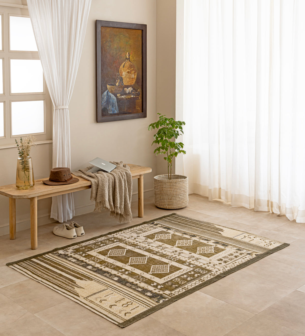 RIYA Green Geometric Hand Woven Cotton Dhurrie Rug (6 ft x 4 ft)