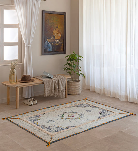 ZOYA Cream Geometric Hand Woven Cotton Dhurrie Rug (6 ft x 4 ft)