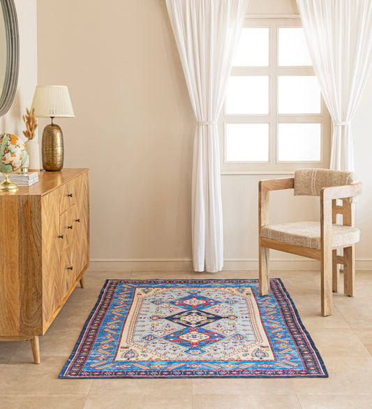 KIARA Blue Geometric Hand Woven Cotton Dhurrie Rug (6 ft x 4 ft)