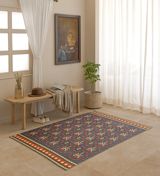 ANAYA Blue Geometric Hand Woven Cotton Dhurrie Rug (5 ft x 3 ft)