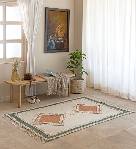 RUMI Cream Geometric Hand Woven Cotton Dhurrie Rug (6 ft x 4 ft)