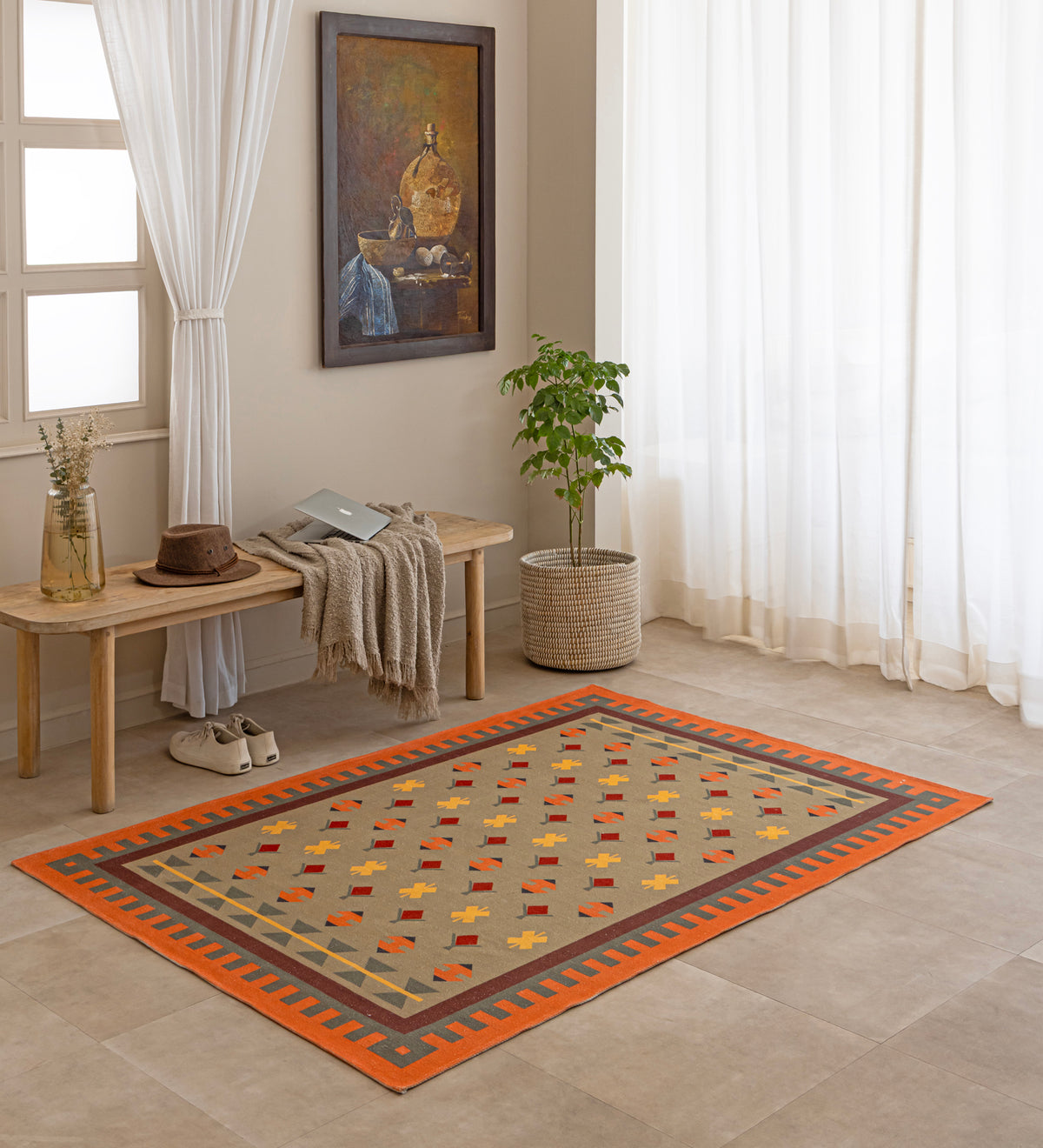 AIRA Beige Geometric Hand Woven Cotton Dhurrie Rug (5 ft x 3 ft)