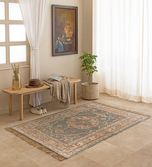 ELINA Grey Geometric Hand Woven Cotton Dhurrie Rug (6 ft x 4 ft)