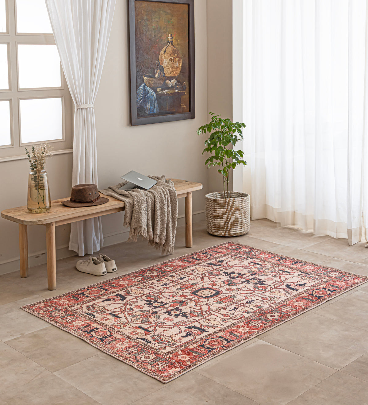 ISHA Red Geometric Hand Woven Cotton Dhurrie Rug (6 ft x 4 ft)