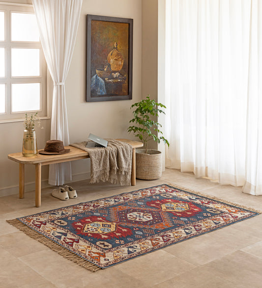 DIYRA Red Geometric Hand Woven Cotton Dhurrie Rug (6 ft x 4 ft)