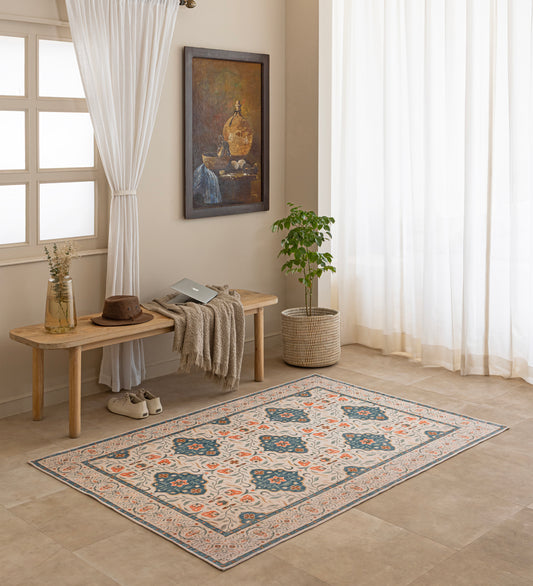 KASHI Beige Geometric Hand Woven Cotton Dhurrie Rug (6 ft x 4 ft)